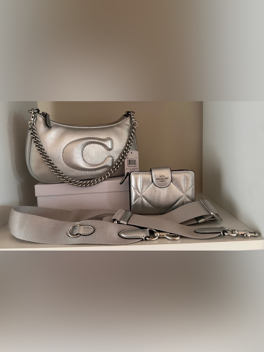 Coach Metallic Silver Quilted Teri and Matching Wallet Set